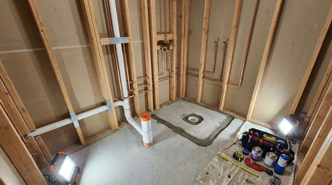 Bathroom rough-in plumbing during remodel by Johns Plumbing LLC in Lavallette