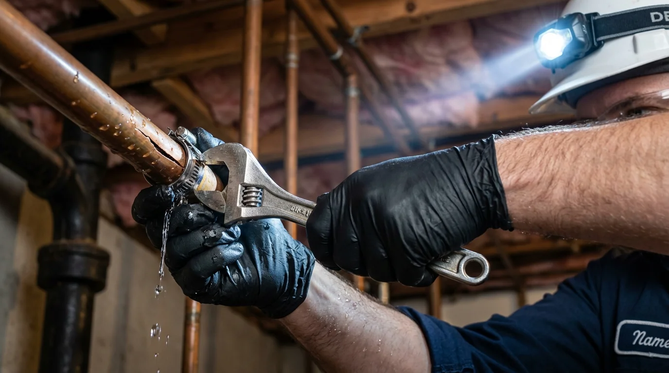 Emergency pipe clamp repair being performed by a Johns Plumbing LLC plumber in Lavallette