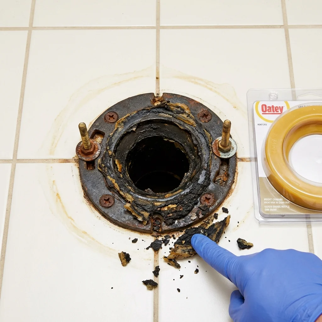 Failed wax ring showing water seepage at the base of a toilet in a Lavallette, NJ home
