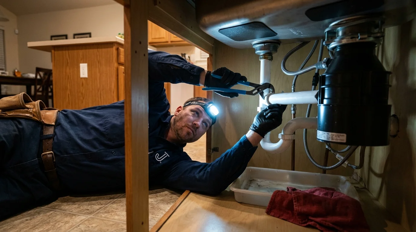 P-trap and supply line connections under a kitchen sink showing a common leak point in Lavallette, NJ